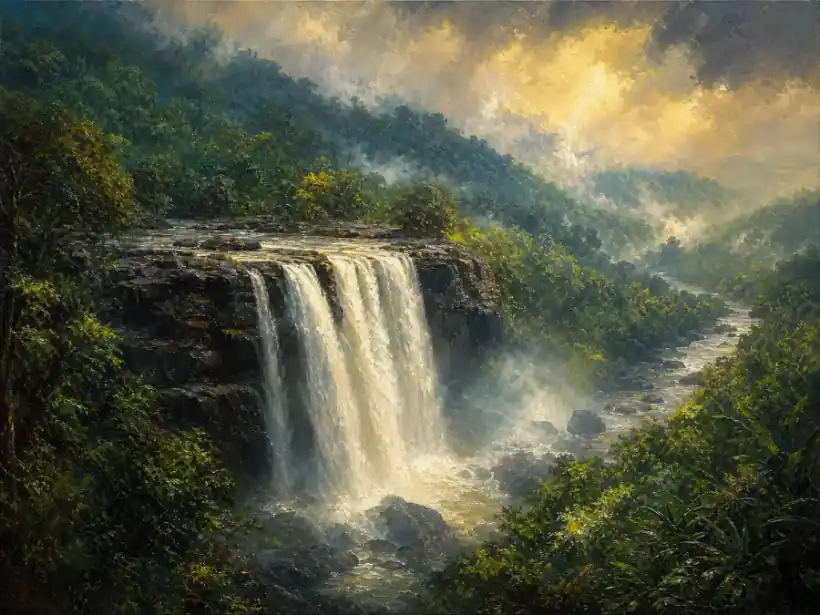 A rich oil-painted interpretation of Kerala’s great waterfall, glowing through rainforest mist and warm evening light.