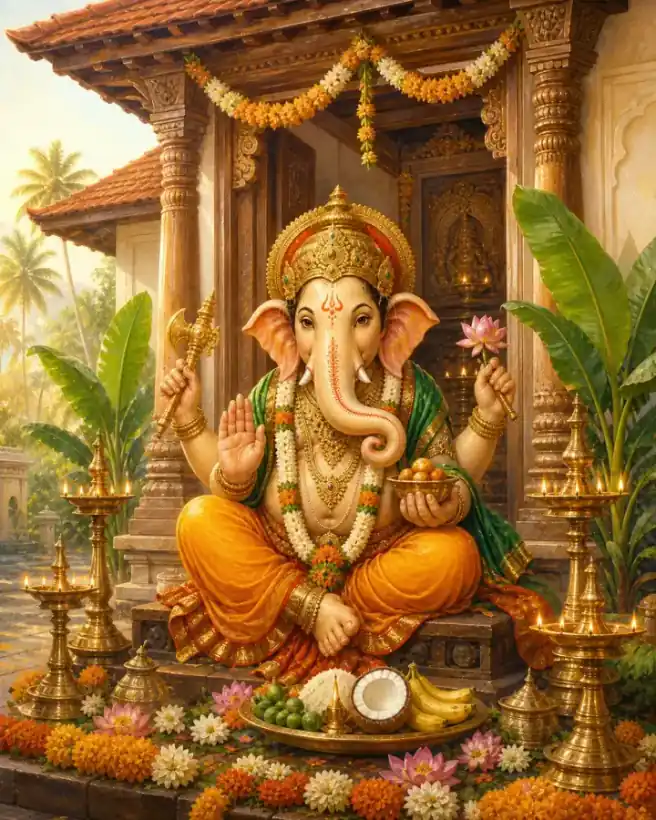 A bright, welcoming devotional portrait framed by Kerala temple woodwork, flowers, lamps and morning light.
