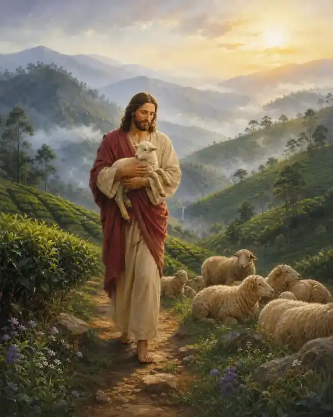 A gentle devotional portrait set among the mist, tea hills and first light of Munnar.