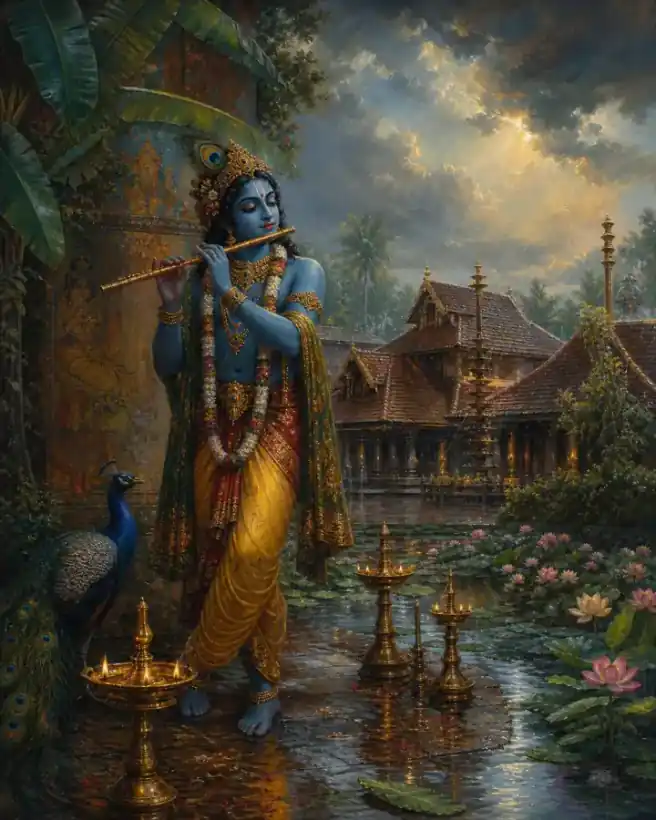 Lord Krishna, temple lamps and a lotus pond glowing after a Kerala monsoon rain.