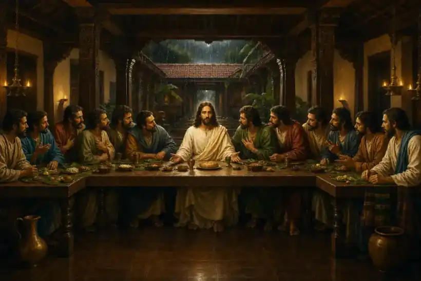 Jesus and all twelve disciples share the sacred final meal within a lamp-lit Kerala nalukettu as monsoon rain falls beyond the courtyard.