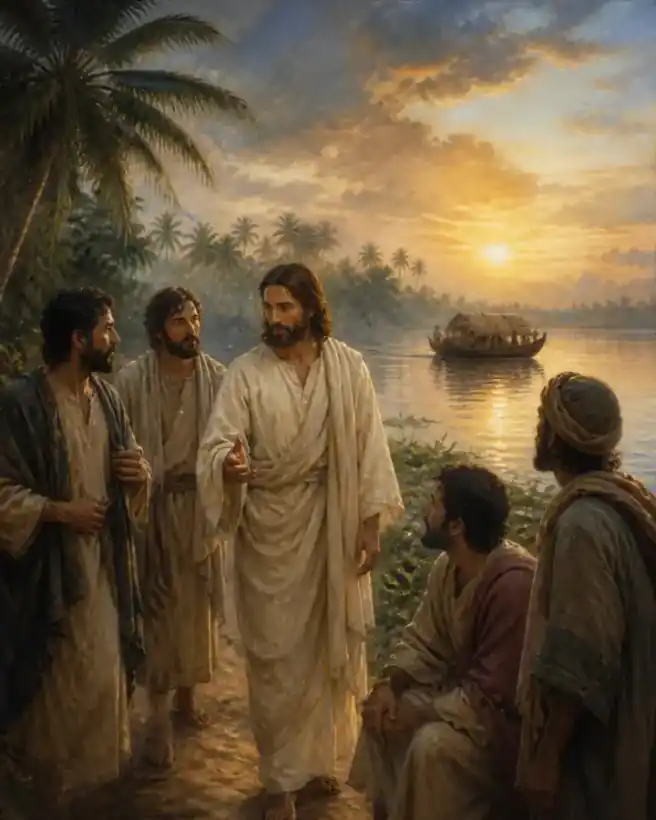 Jesus and his disciples in quiet conversation beside Kerala’s backwaters at dawn.