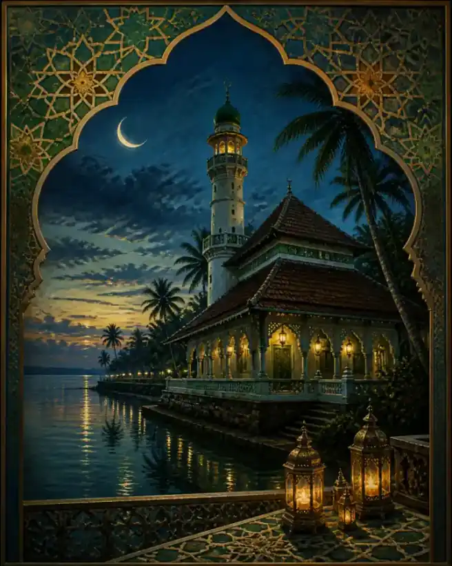 Historic Kerala mosque architecture, crescent light and geometric ornament in a peaceful coastal evening.