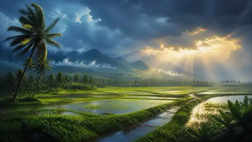Rain-washed paddy fields beneath a dramatic sky opening into hopeful light.