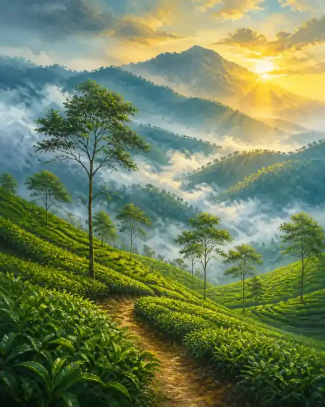 Original painting of Munnar tea hills after rain