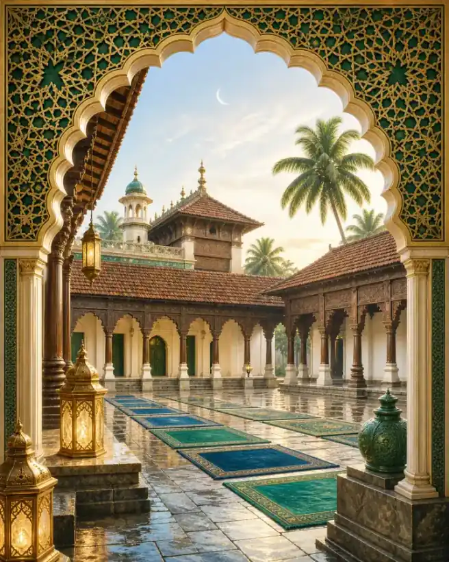 A contemplative Malabar prayer courtyard filled with clean dawn light, geometric craft and rain-washed calm.