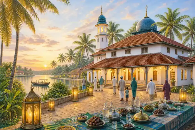 A Kerala mosque, peaceful community arrival and an iftar table glowing beside the backwaters at sunset.