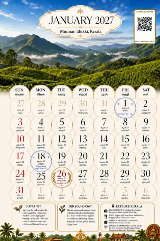 January 2027 Munnar calendar page